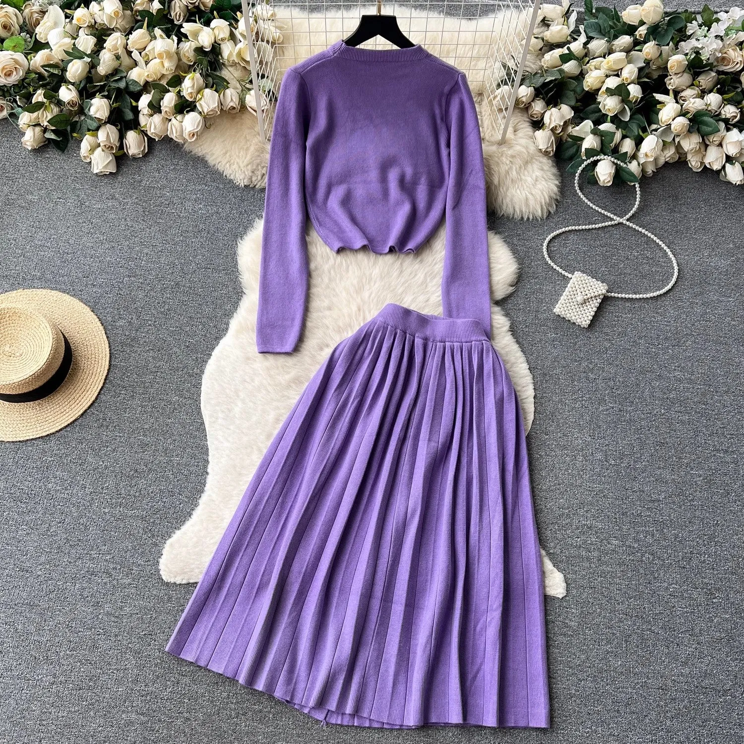 knitted fashion suit for women round neck T-shirt   pleated skirt   S4580