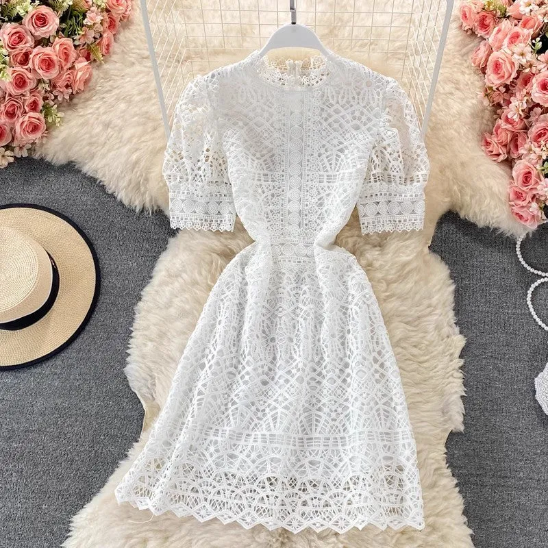 lace dress puff sleeve A-line skirt     S4419