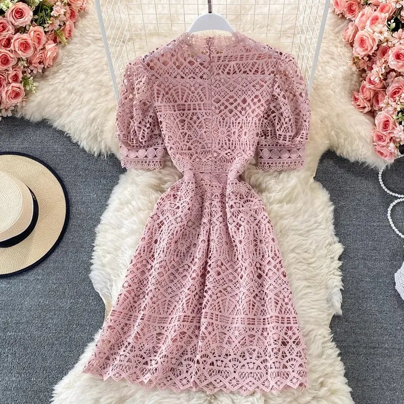 lace dress puff sleeve A-line skirt     S4419