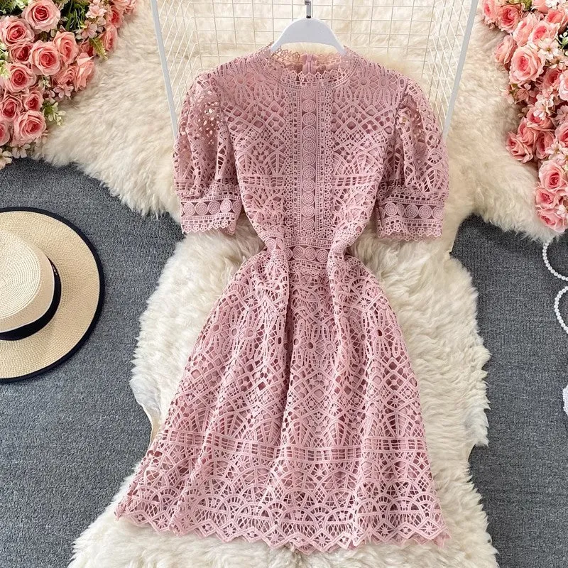 lace dress puff sleeve A-line skirt     S4419