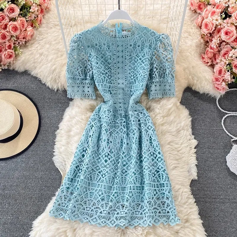 lace dress puff sleeve A-line skirt     S4419