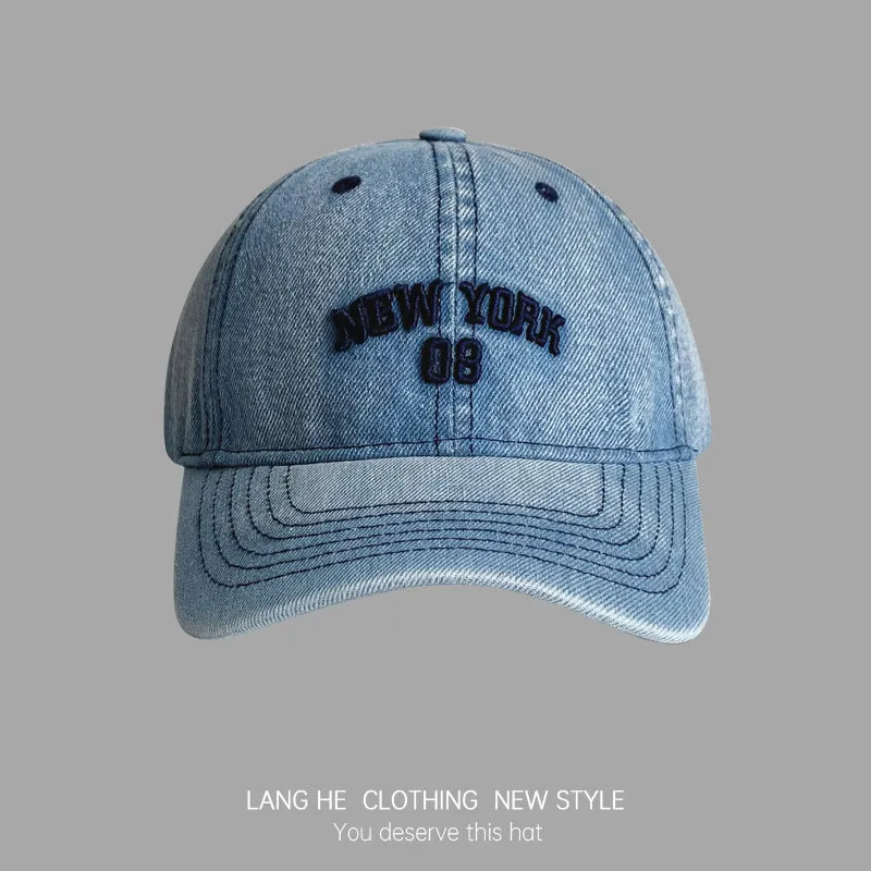 Letter embroidered denim baseball cap for women washed old retro soft top cap for men casual