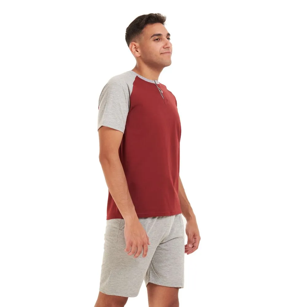 Men summer pajama set Dark red T-shirt   Grey short