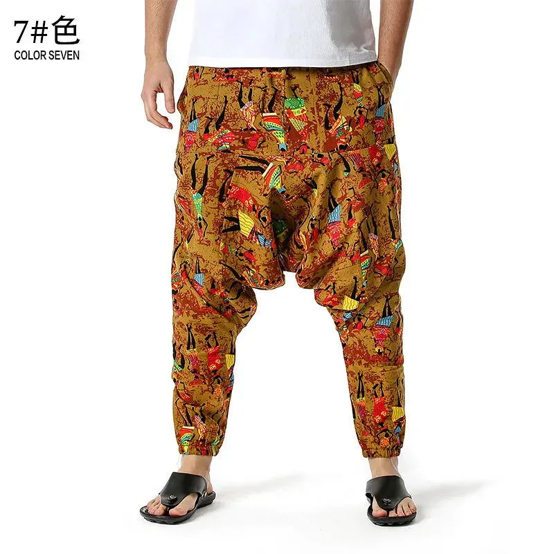 Men's Hippie Baggy Boho Yoga Harem Pants Dizziness African Pattern Print Genie Sweatpants Cotton Casual Hip Hop Ankara Pants