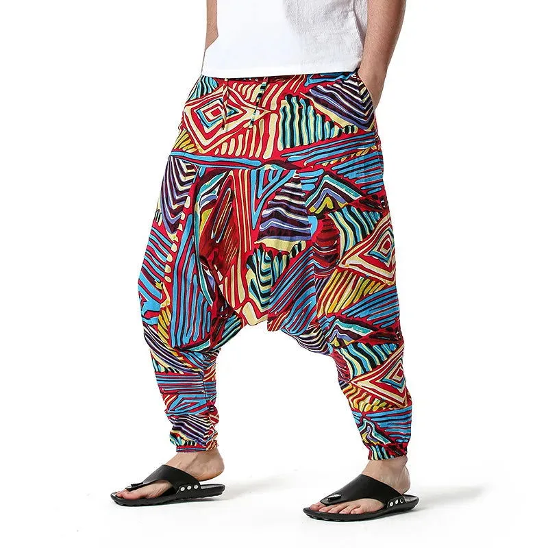 Men's Hippie Baggy Boho Yoga Harem Pants Dizziness African Pattern Print Genie Sweatpants Cotton Casual Hip Hop Ankara Pants