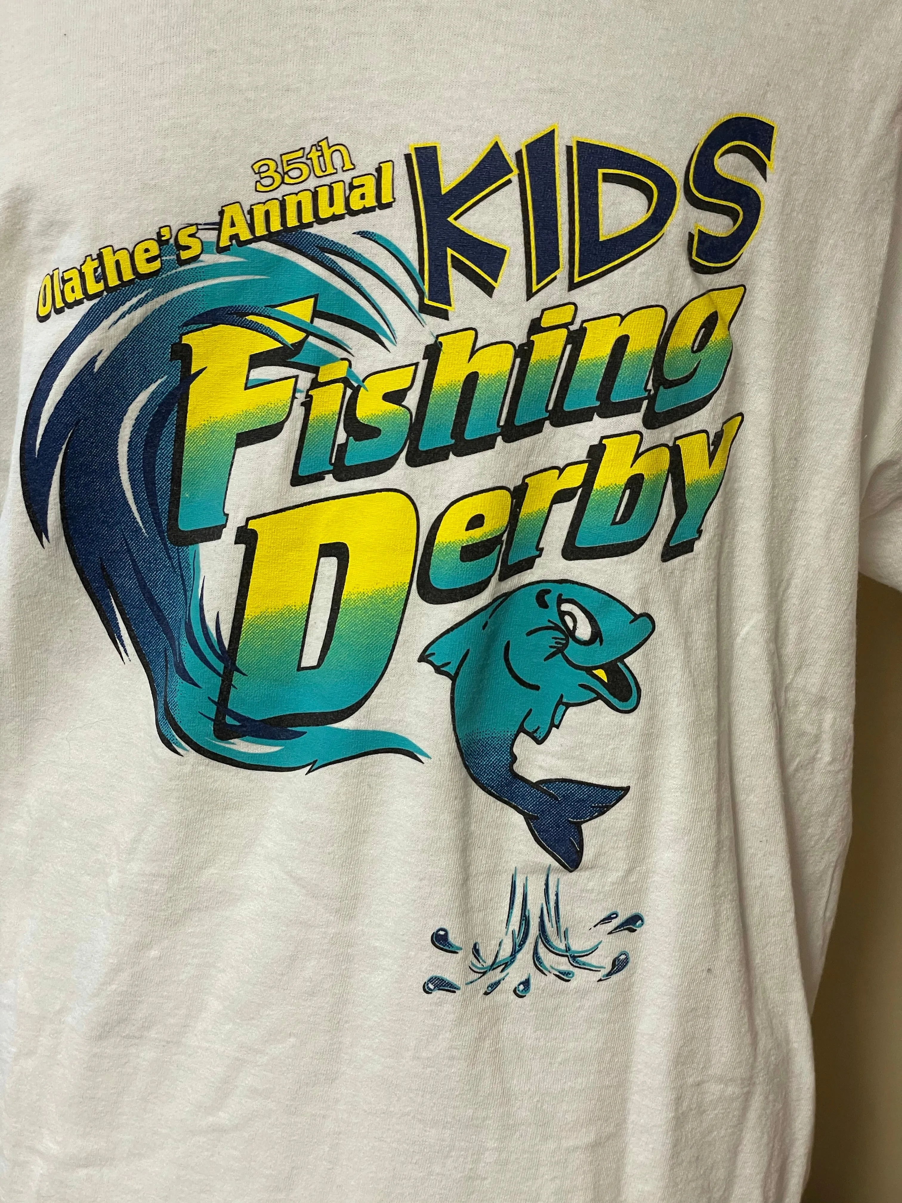 Mens XLarge 35th KIDS FISHING DERBY Tshirt White Short Sleeve Olathe KS Sponsorships