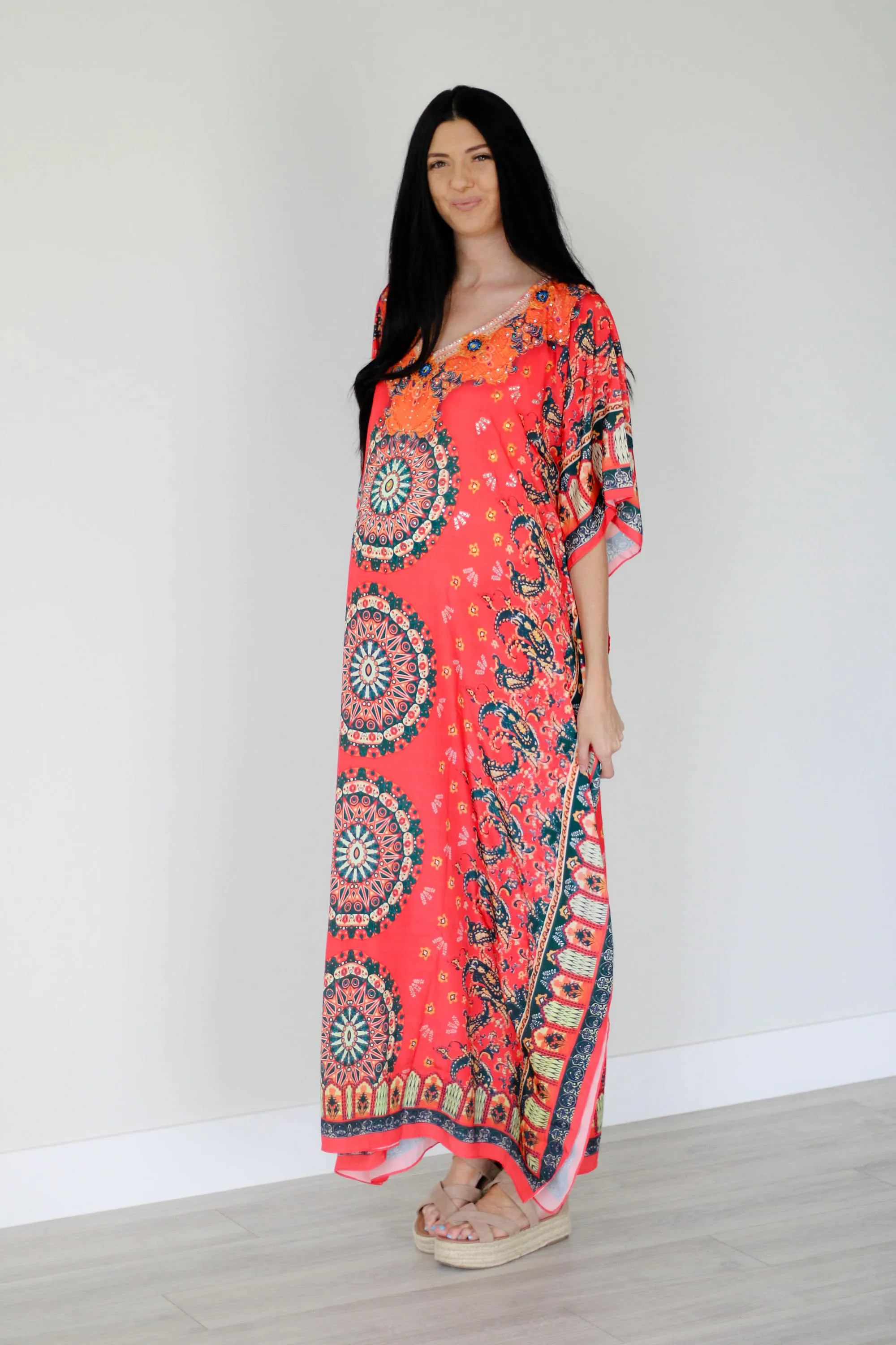 Mexican Kaftan Dress, Summer Caftan For Women, Loose Maxi Dress, Silk