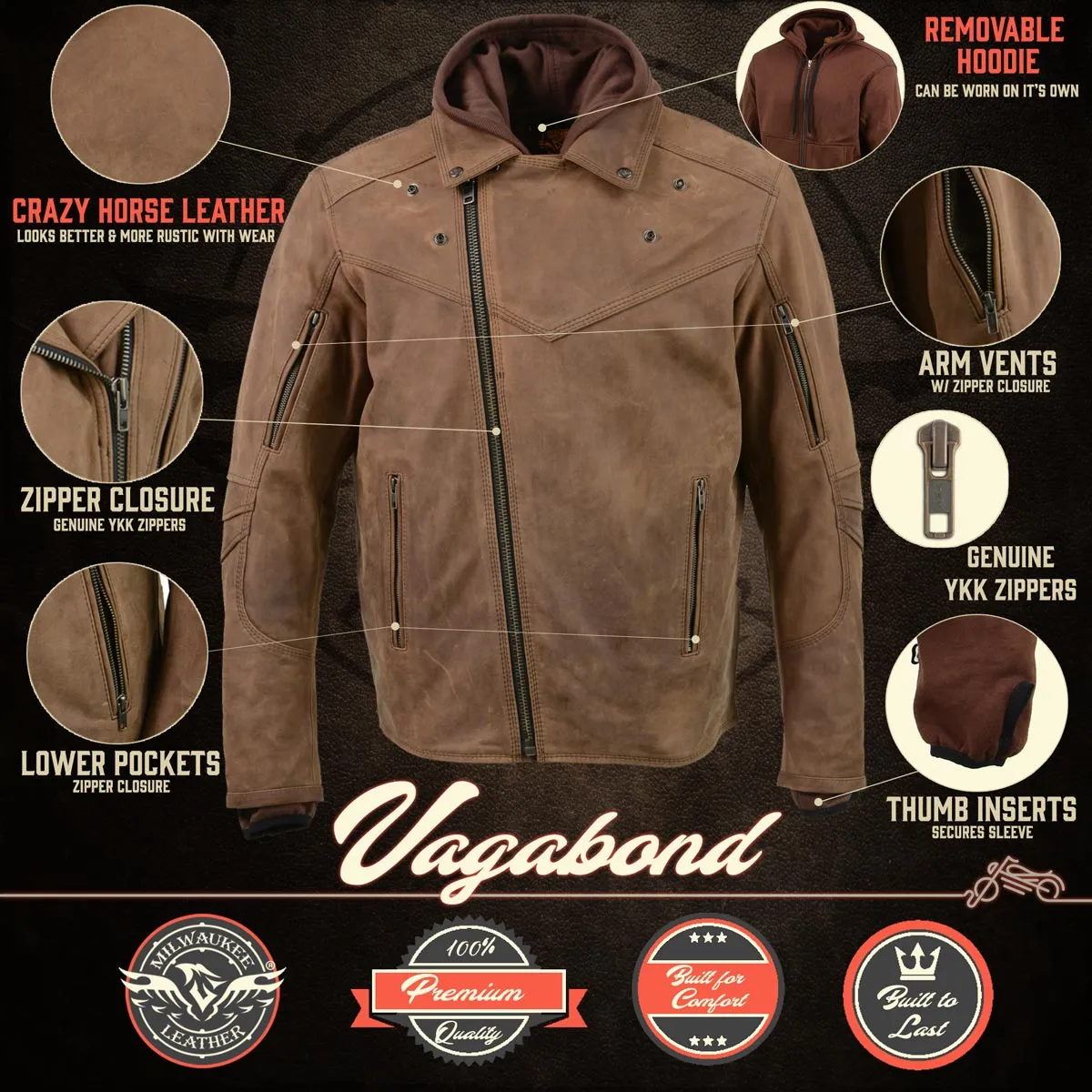 Milwaukee Leather MLM1511 Men's 'Vagabond' Vintage Crazy Horse' Brown Leather Jacket w/ Removable Hoodie