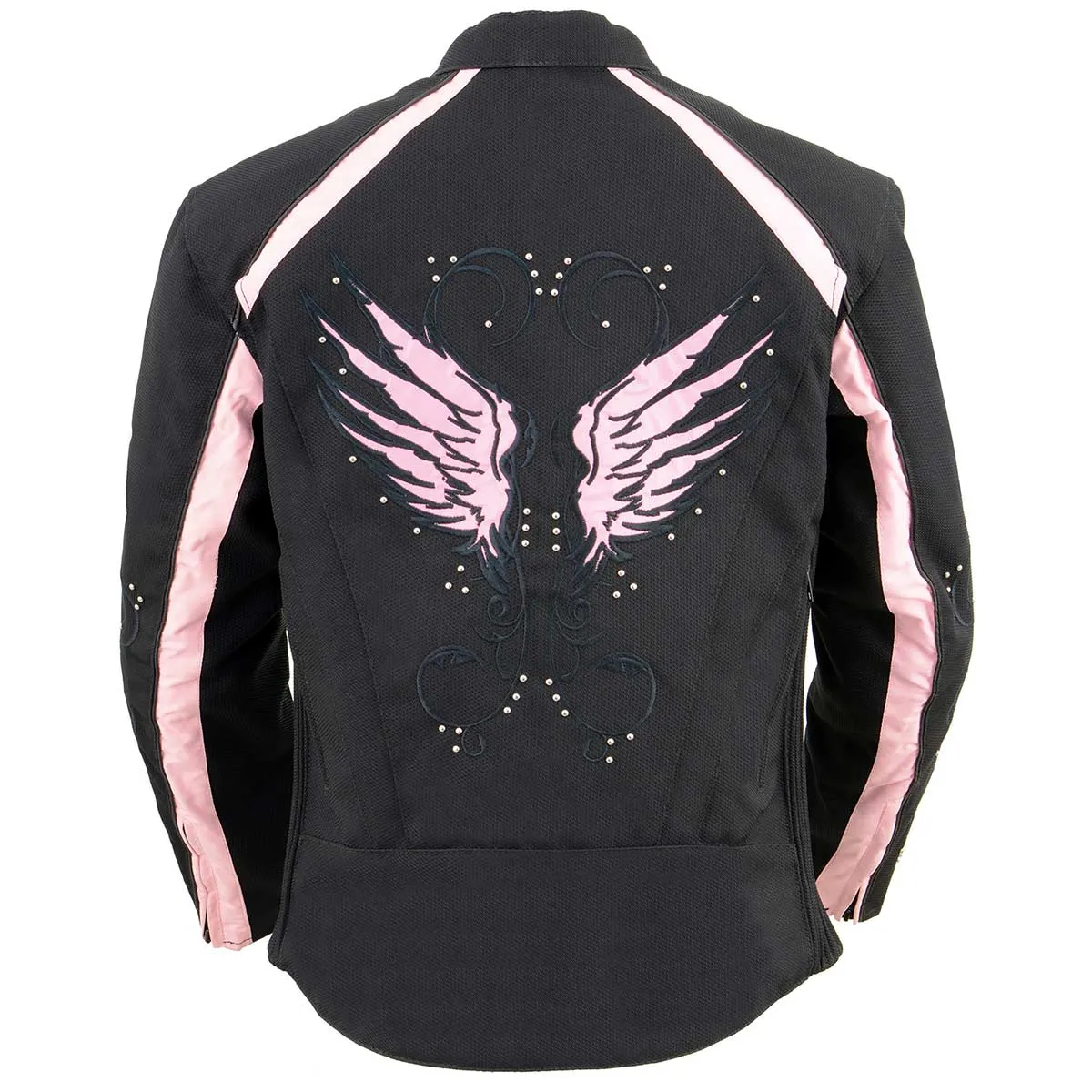 Milwaukee Leather SH1954 Women's Black and Pink Textile Jacket with Stud and Wings Detailing