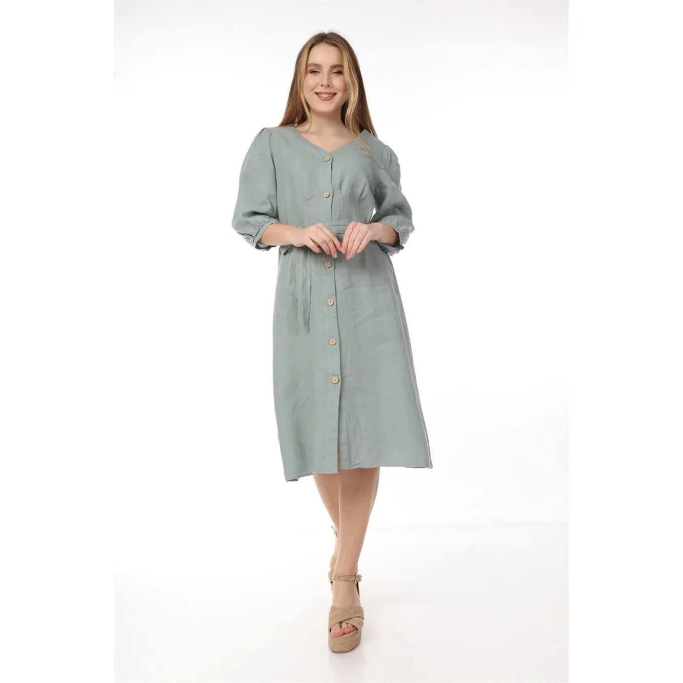 Mint Buttoned Linen Dress