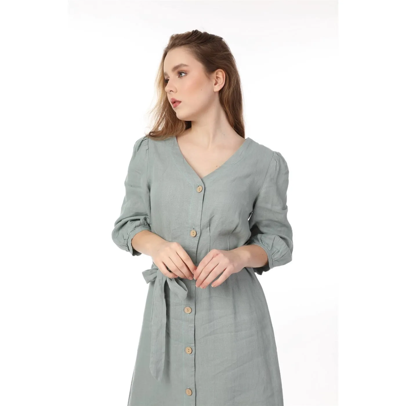 Mint Buttoned Linen Dress