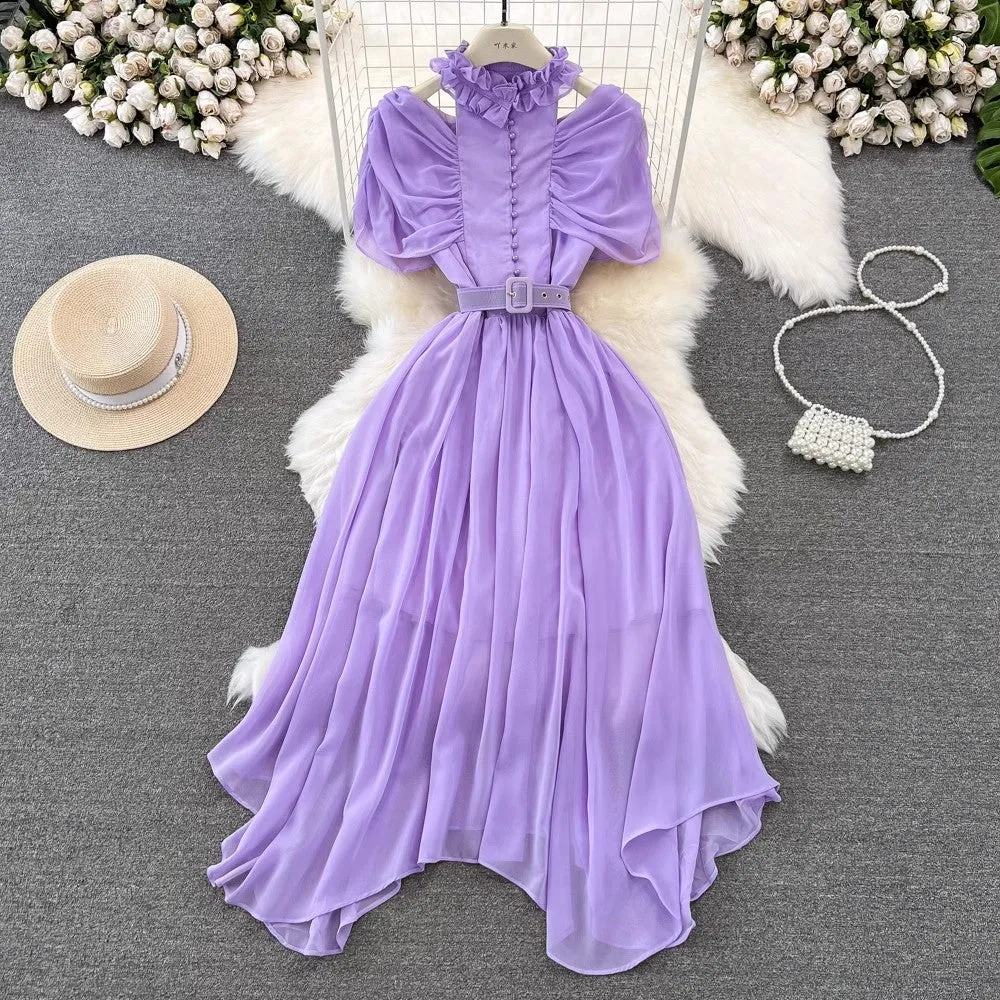 off-shoulder pleated A-line chiffon dress elegant long skirt    S4424