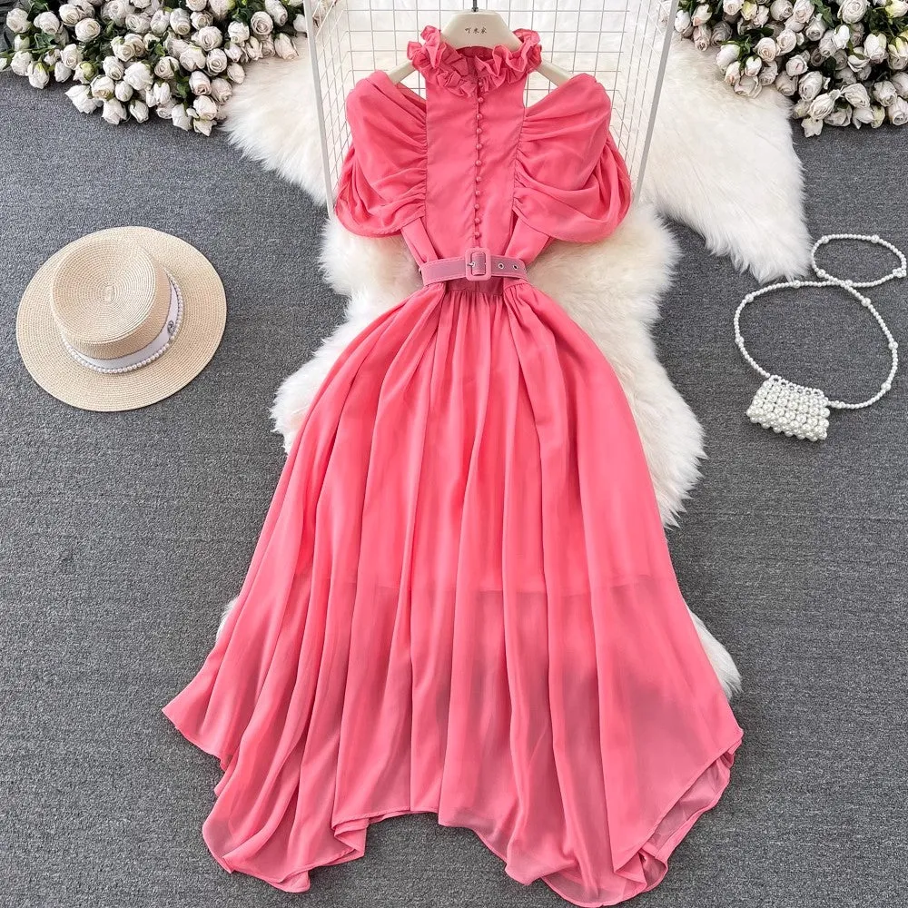 off-shoulder pleated A-line chiffon dress elegant long skirt    S4424