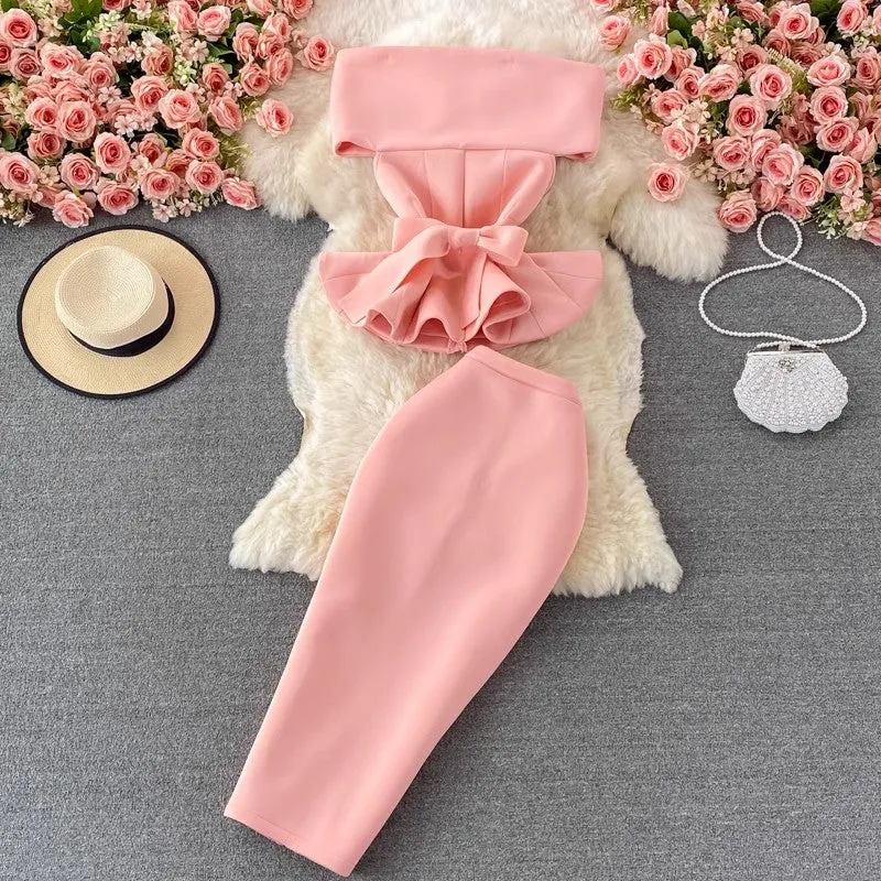 off-shoulder ruffled cropped top two-piece suit mid-length skirt     S3919