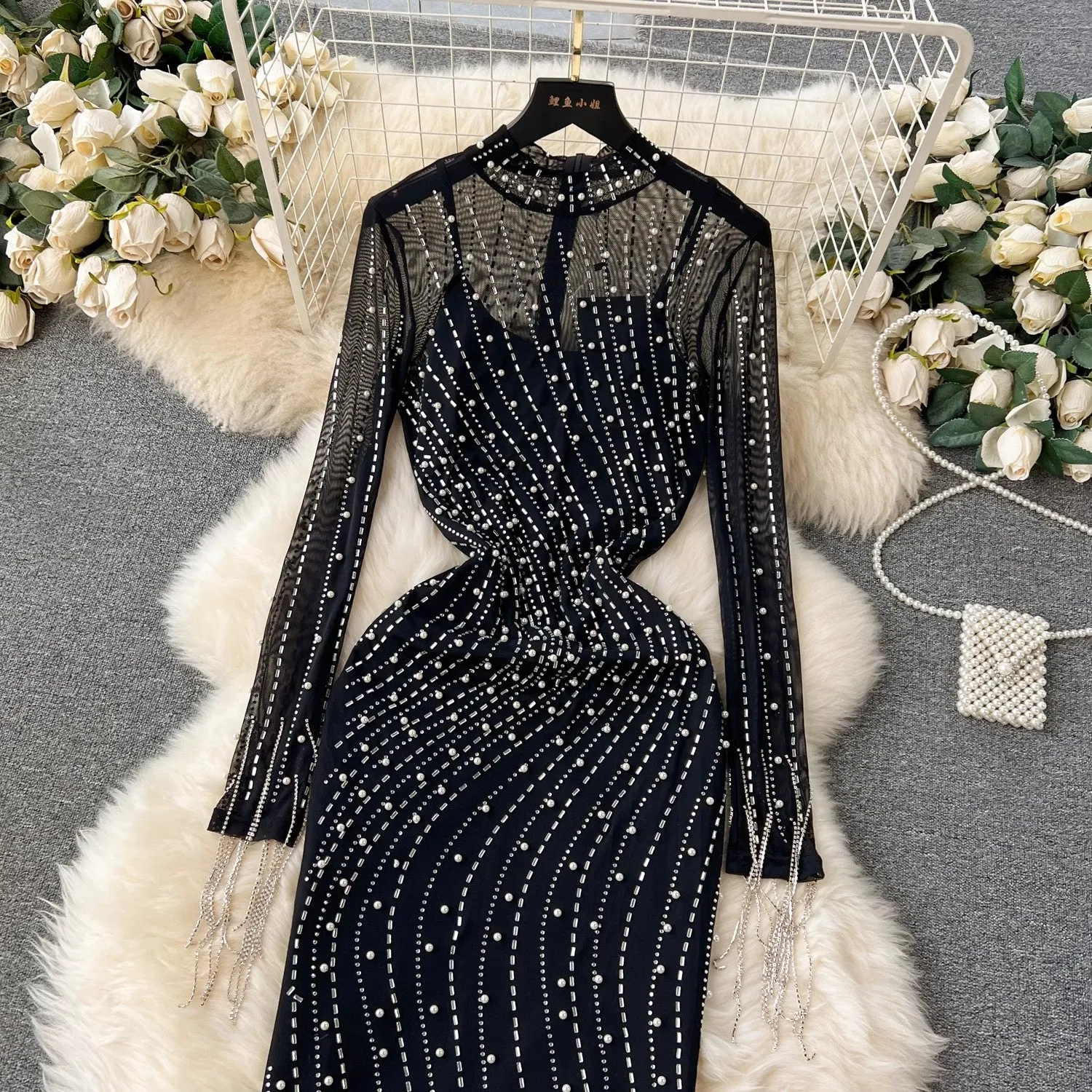 outfits for women beading rhinestones mesh see-through dress with suspender skirt      S4596