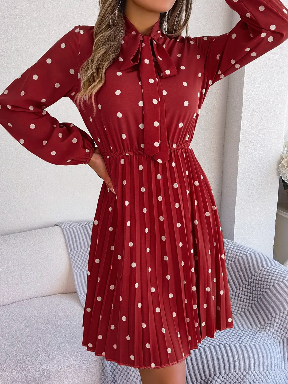 Polka Dot Tie Neck Pleated Dress