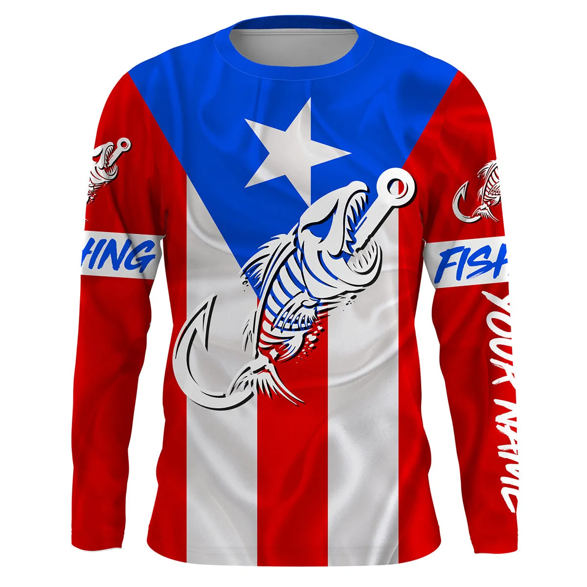 Puerto Rico Fishing Custom Flag Fish Hook Skull Custom 3D Long Sleeve Fishing Shirts For Men