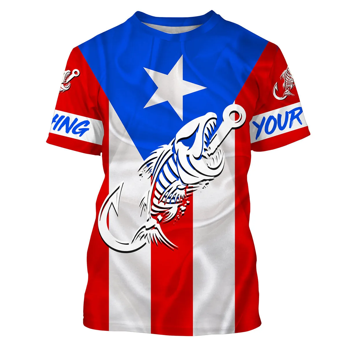 Puerto Rico Fishing Custom Flag Fish Hook Skull Custom 3D Long Sleeve Fishing Shirts For Men