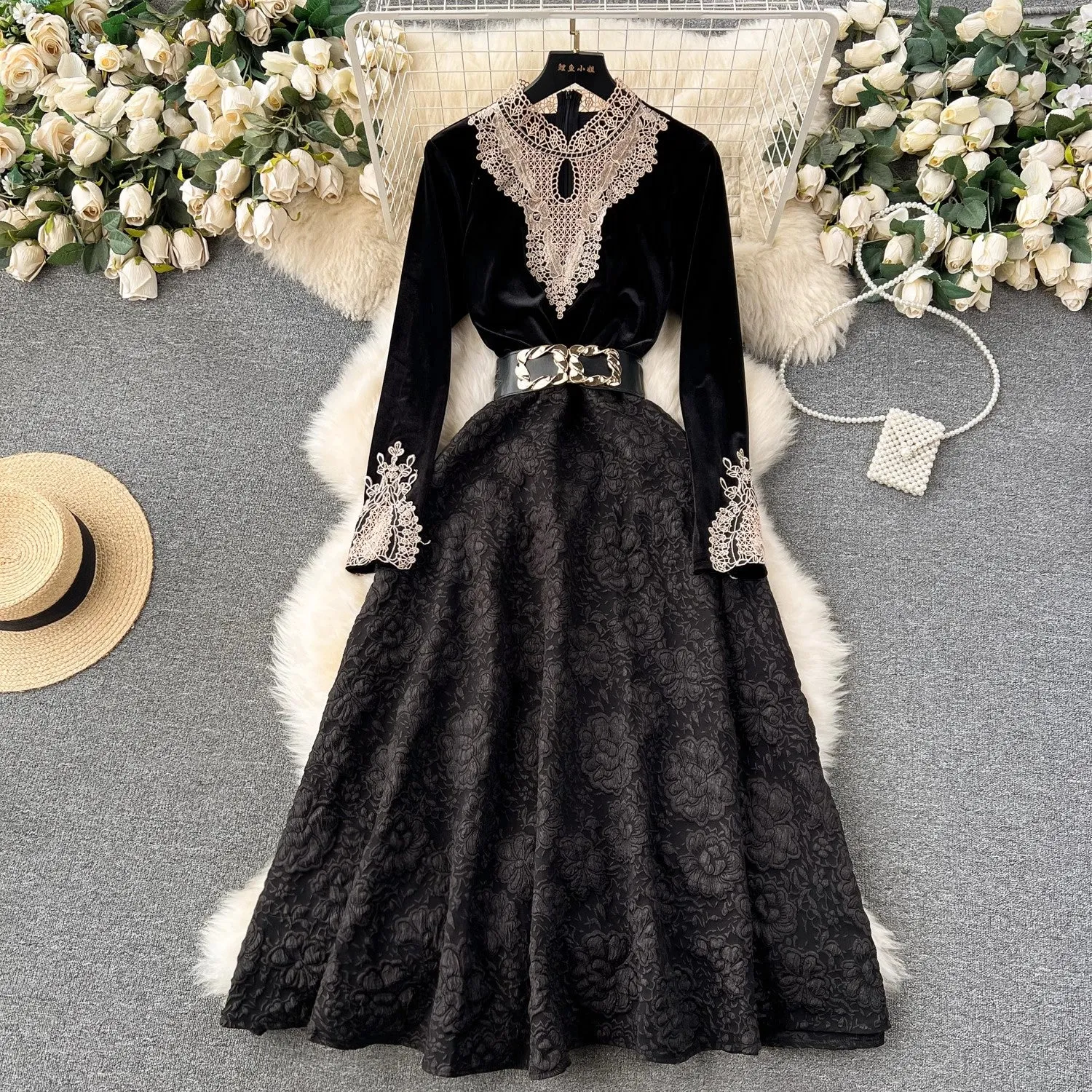 Retro velvet dress for women new little black dress     S4503