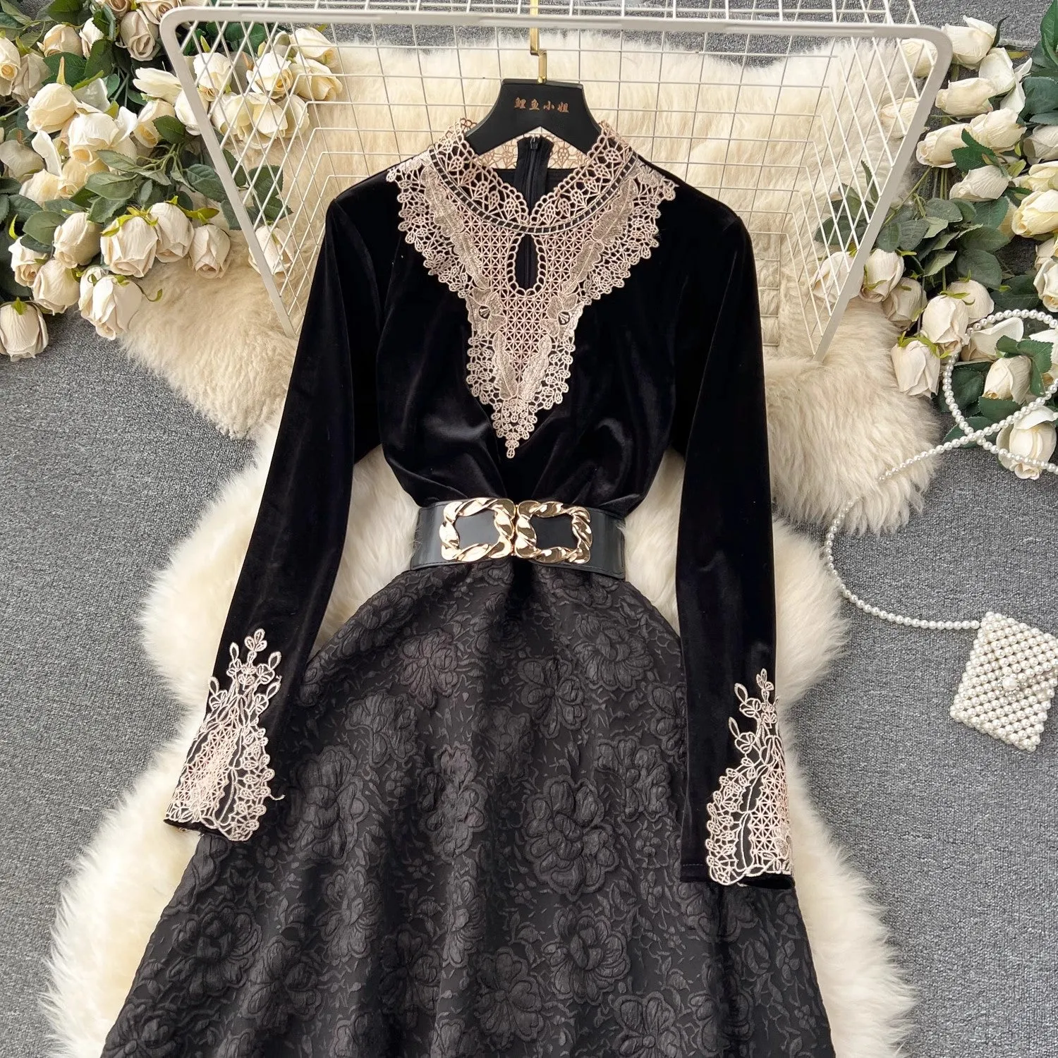 Retro velvet dress for women new little black dress     S4503