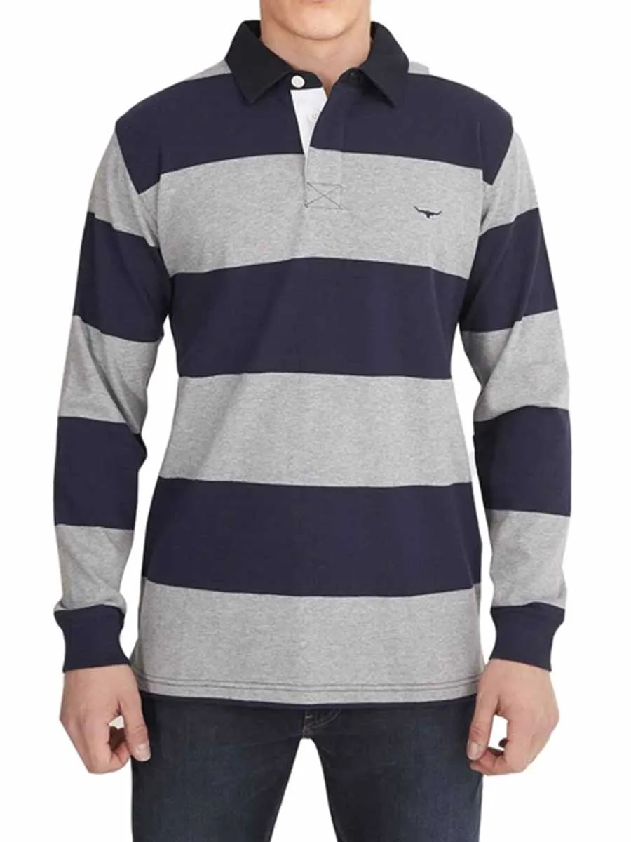 RM WILLIAMS Mens Tweedale Rugby Shirt - Navy & Grey Stripe