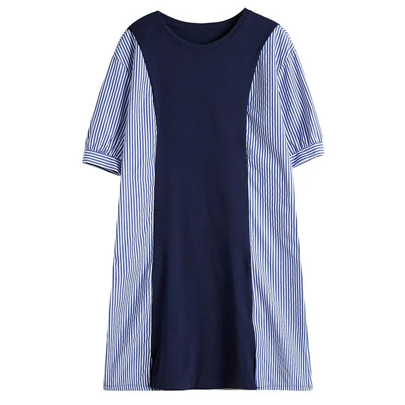 Round Neck Knitted Slimming Woven Patchwork Cotton Elastic Casual Dress