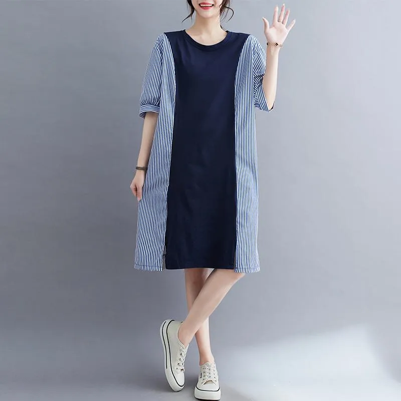 Round Neck Knitted Slimming Woven Patchwork Cotton Elastic Casual Dress