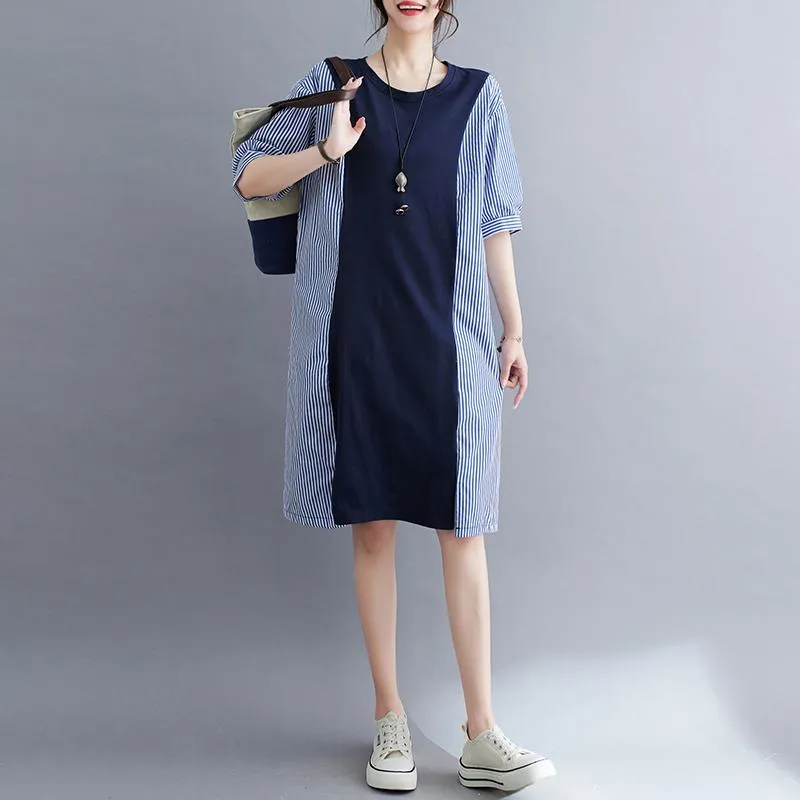 Round Neck Knitted Slimming Woven Patchwork Cotton Elastic Casual Dress