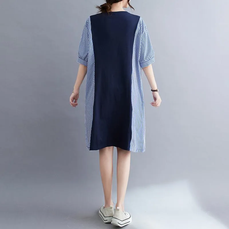 Round Neck Knitted Slimming Woven Patchwork Cotton Elastic Casual Dress