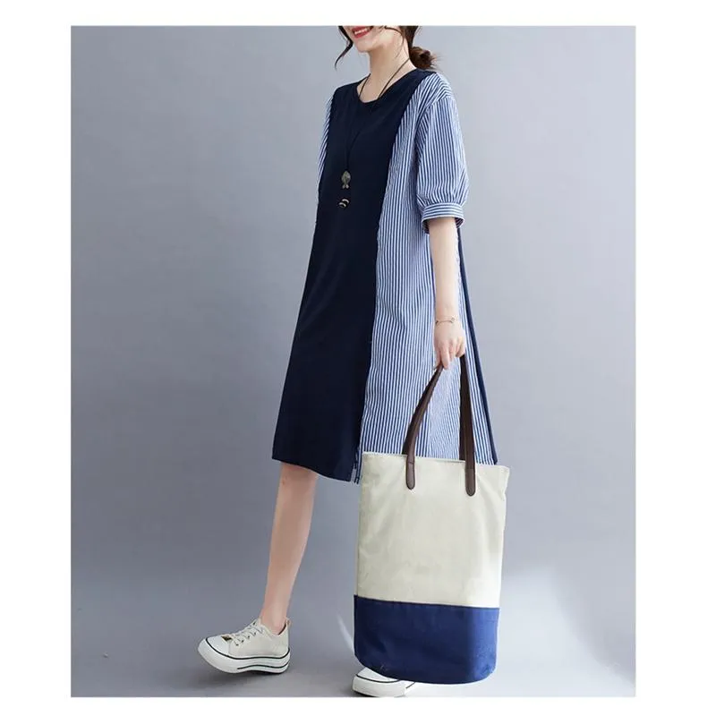 Round Neck Knitted Slimming Woven Patchwork Cotton Elastic Casual Dress