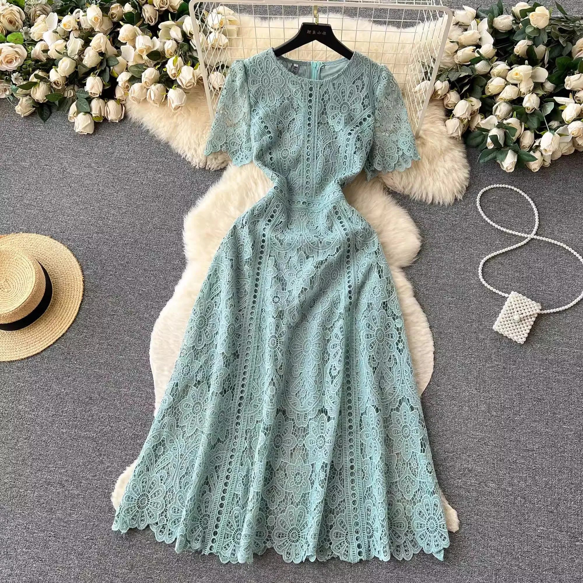 round neck ruffle sleeve lace dress women's new elegant long skirt    S4554