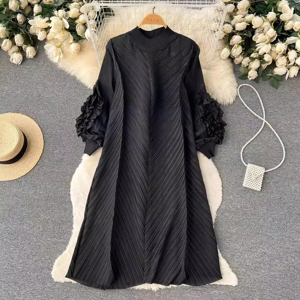 ruffled puff sleeve mid-length dress for women      S4578