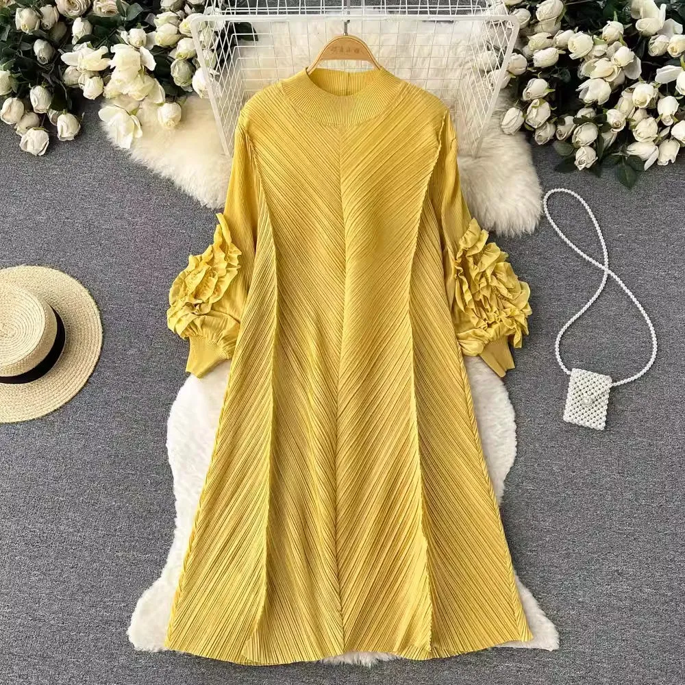 ruffled puff sleeve mid-length dress for women      S4578