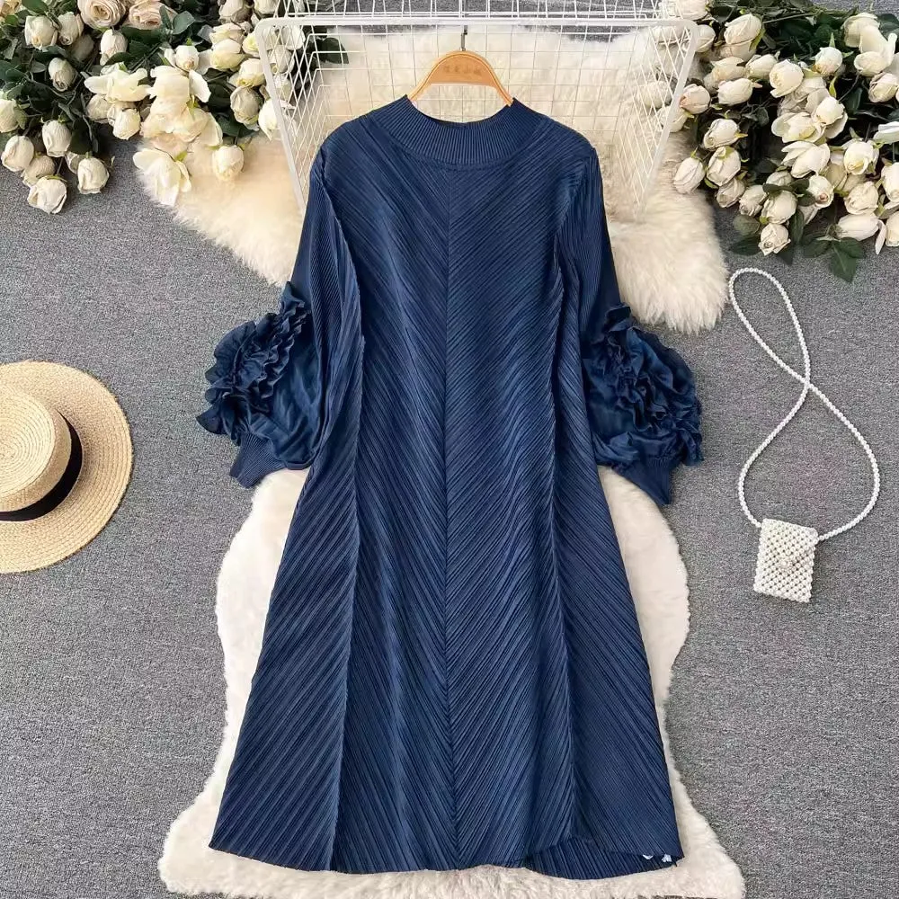 ruffled puff sleeve mid-length dress for women      S4578