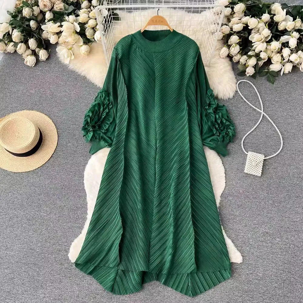 ruffled puff sleeve mid-length dress for women      S4578