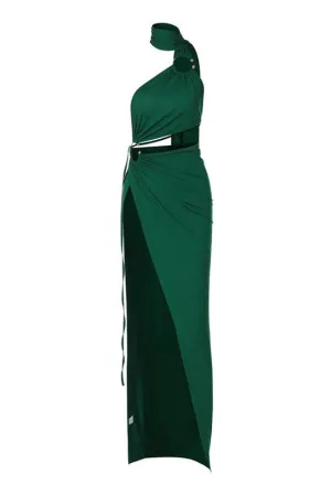 Sexy Metallic O Ring Cutout Backless Split Draped Halter Evening Maxi Dress