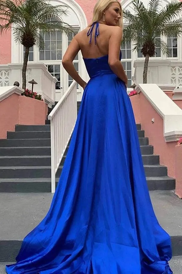 Simple Royal Blue Spaghetti Straps  V-Neck Split Prom Dresses  PSK265