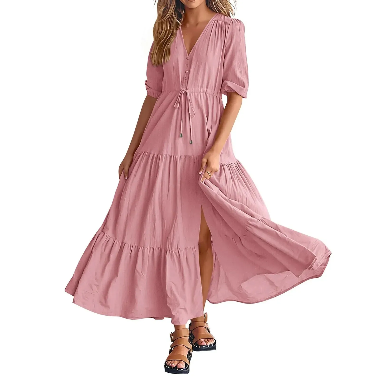 Size Solid Short Sleeve V Neck A-Line Ruched Fashion Boho Vacation Midi Plus Dress