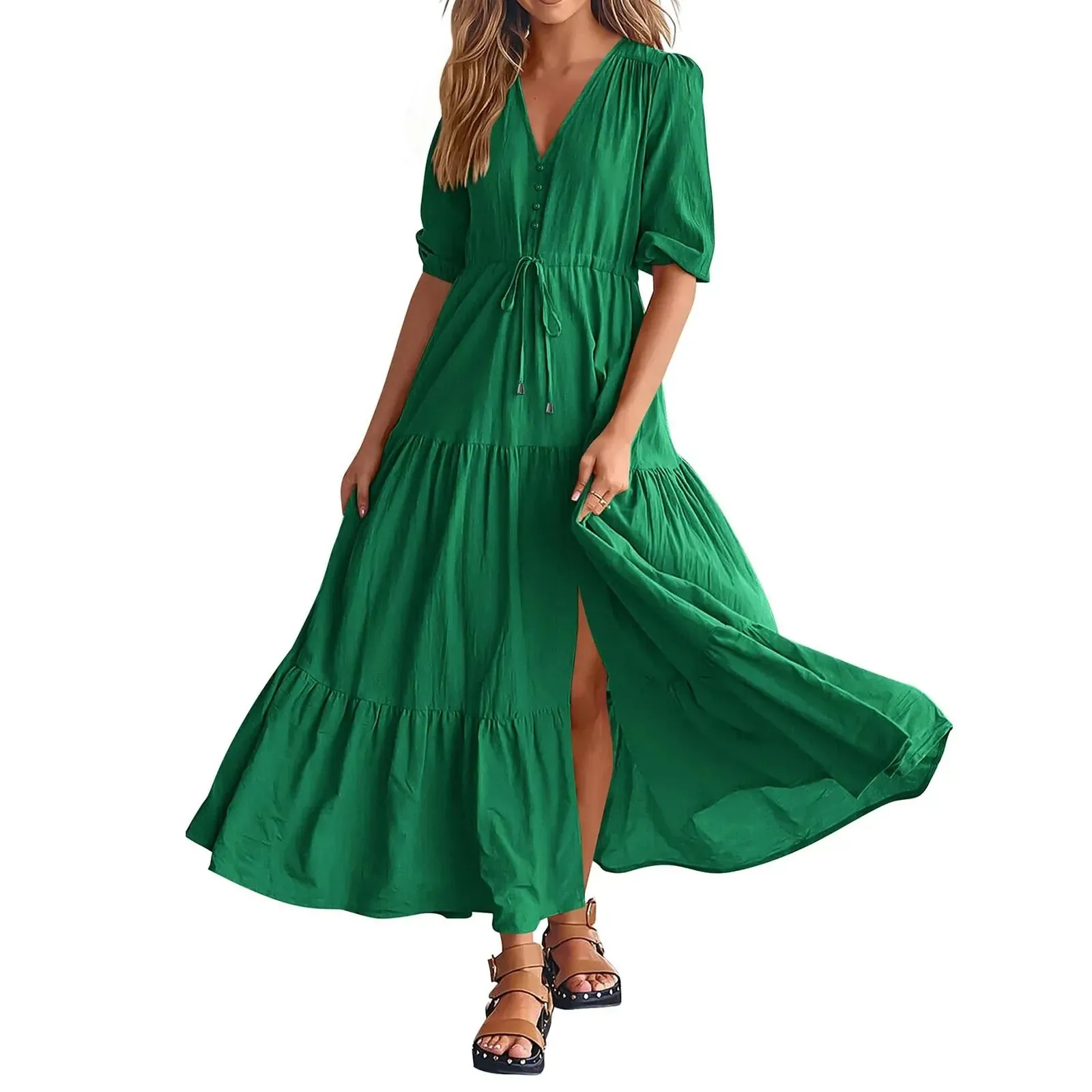 Size Solid Short Sleeve V Neck A-Line Ruched Fashion Boho Vacation Midi Plus Dress