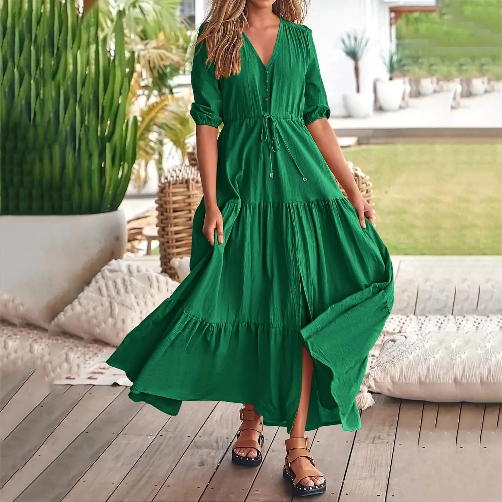 Size Solid Short Sleeve V Neck A-Line Ruched Fashion Boho Vacation Midi Plus Dress