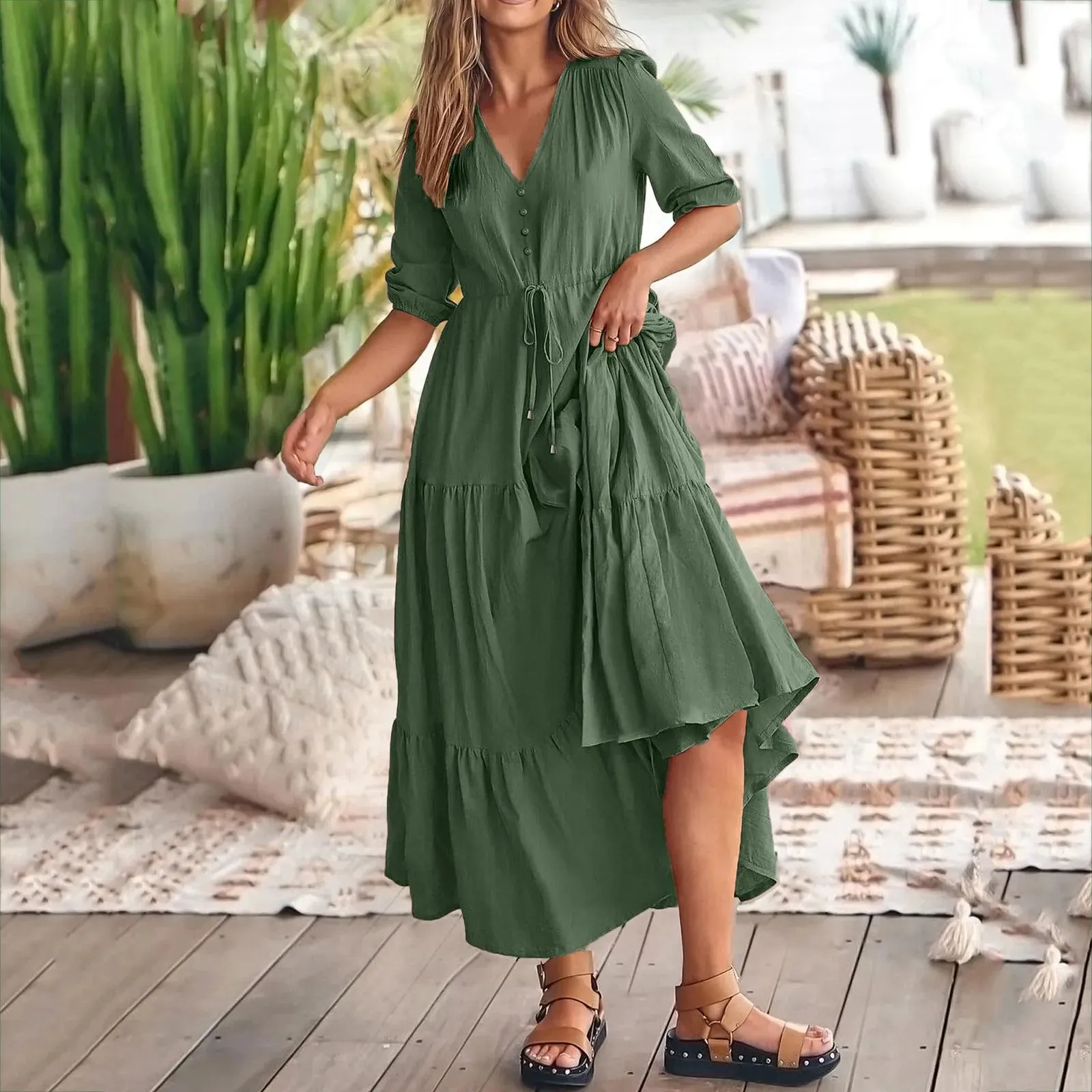 Size Solid Short Sleeve V Neck A-Line Ruched Fashion Boho Vacation Midi Plus Dress