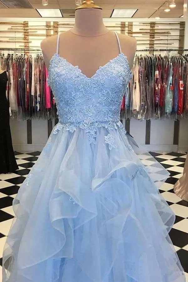 Sky Blue Ruffle Skirt Prom Dresses Spaghetti Strap Junior Prom Dress   PG889