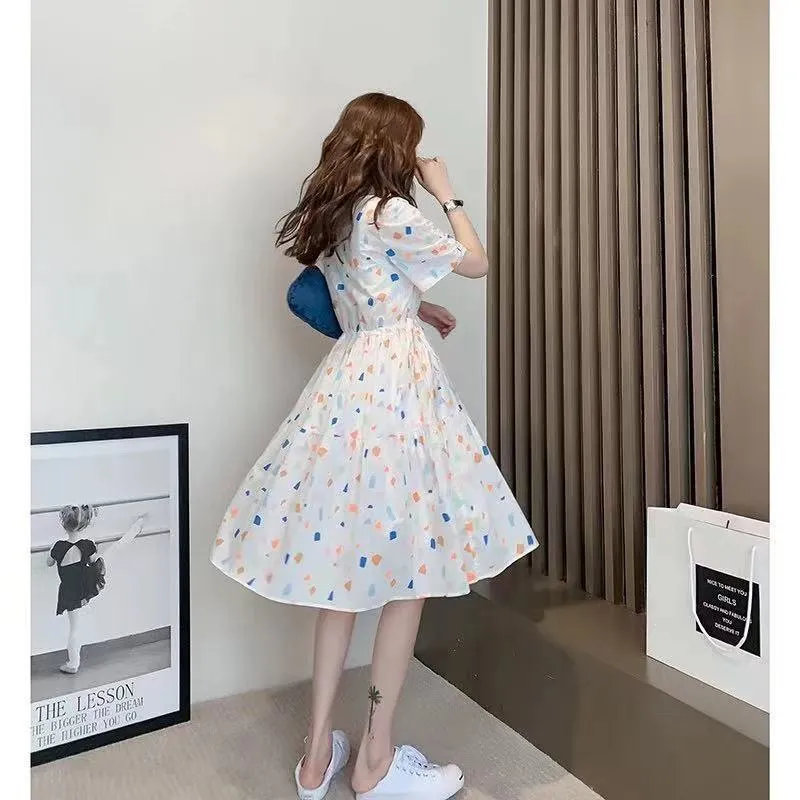 Slimming Cinched Waist Loose Fit Floral Print A-Line Chiffon Fairy Slim-Fit Dress