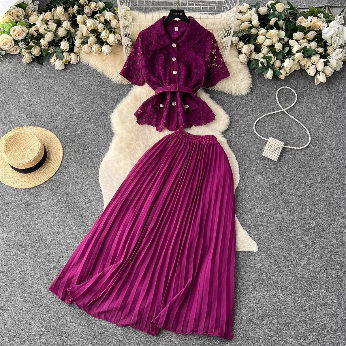 suit for women fashionable short-sleeved pleated skirt two-piece trendy set    S4655