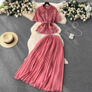 suit for women fashionable short-sleeved pleated skirt two-piece trendy set    S4655