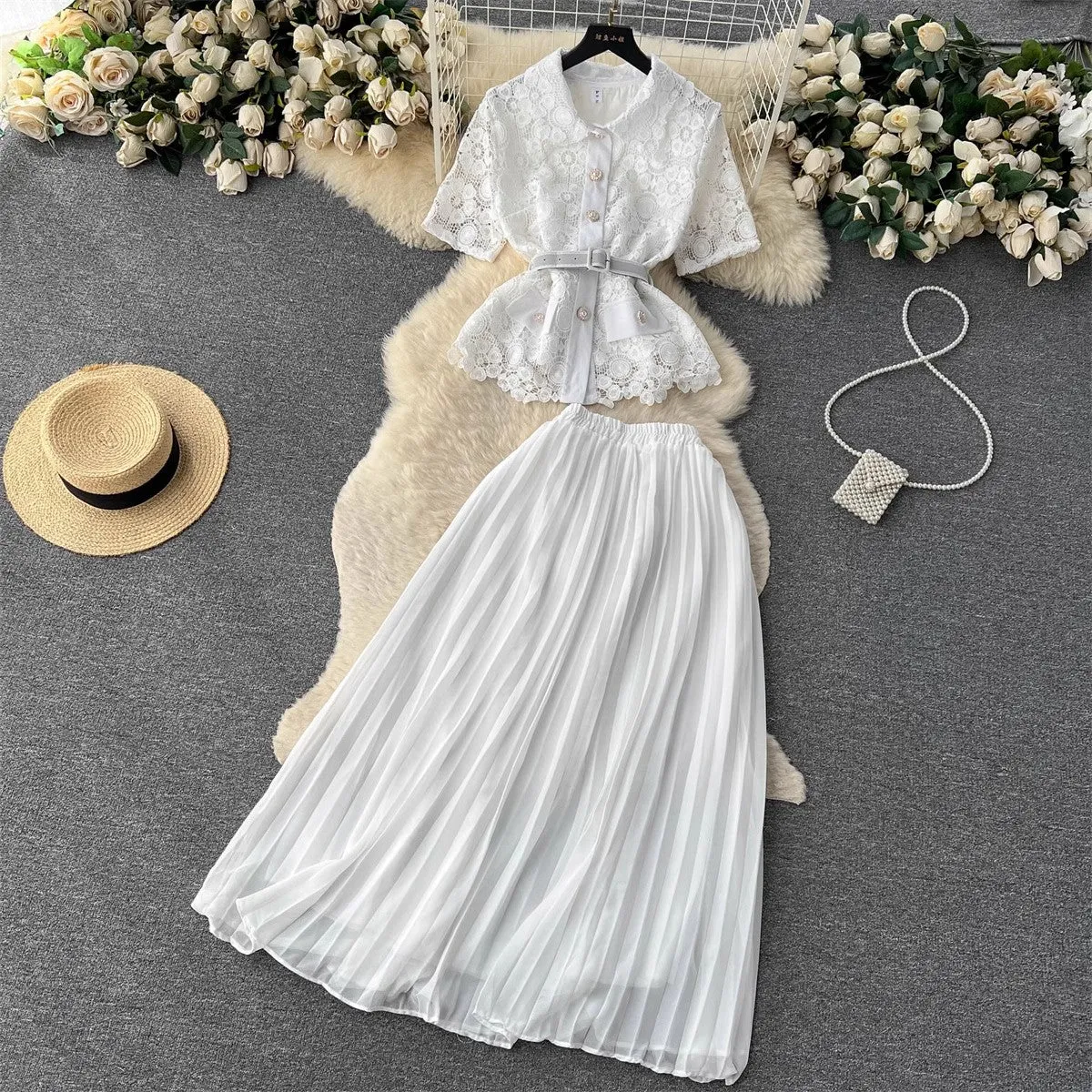 suit for women fashionable short-sleeved pleated skirt two-piece trendy set    S4655