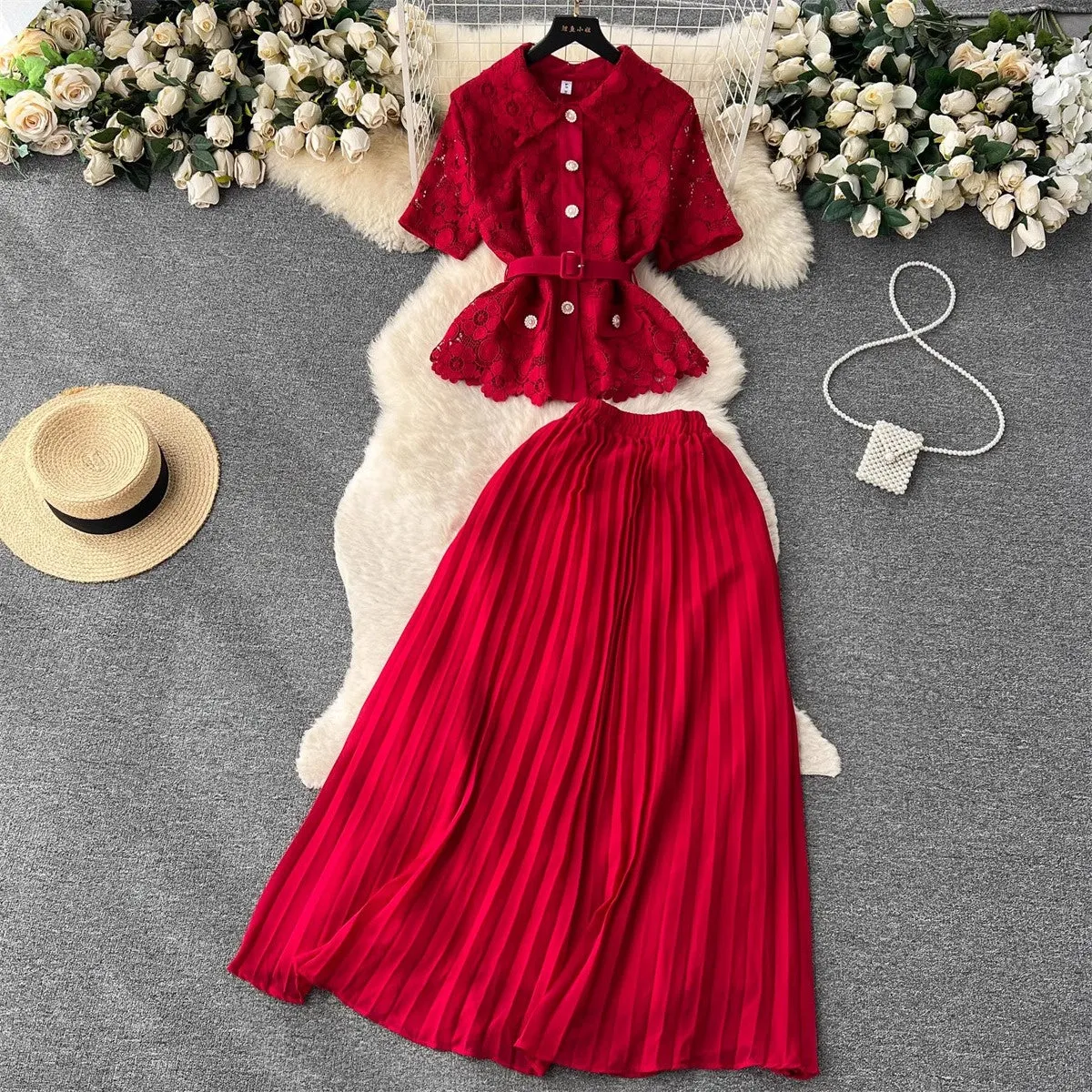 suit for women fashionable short-sleeved pleated skirt two-piece trendy set    S4655