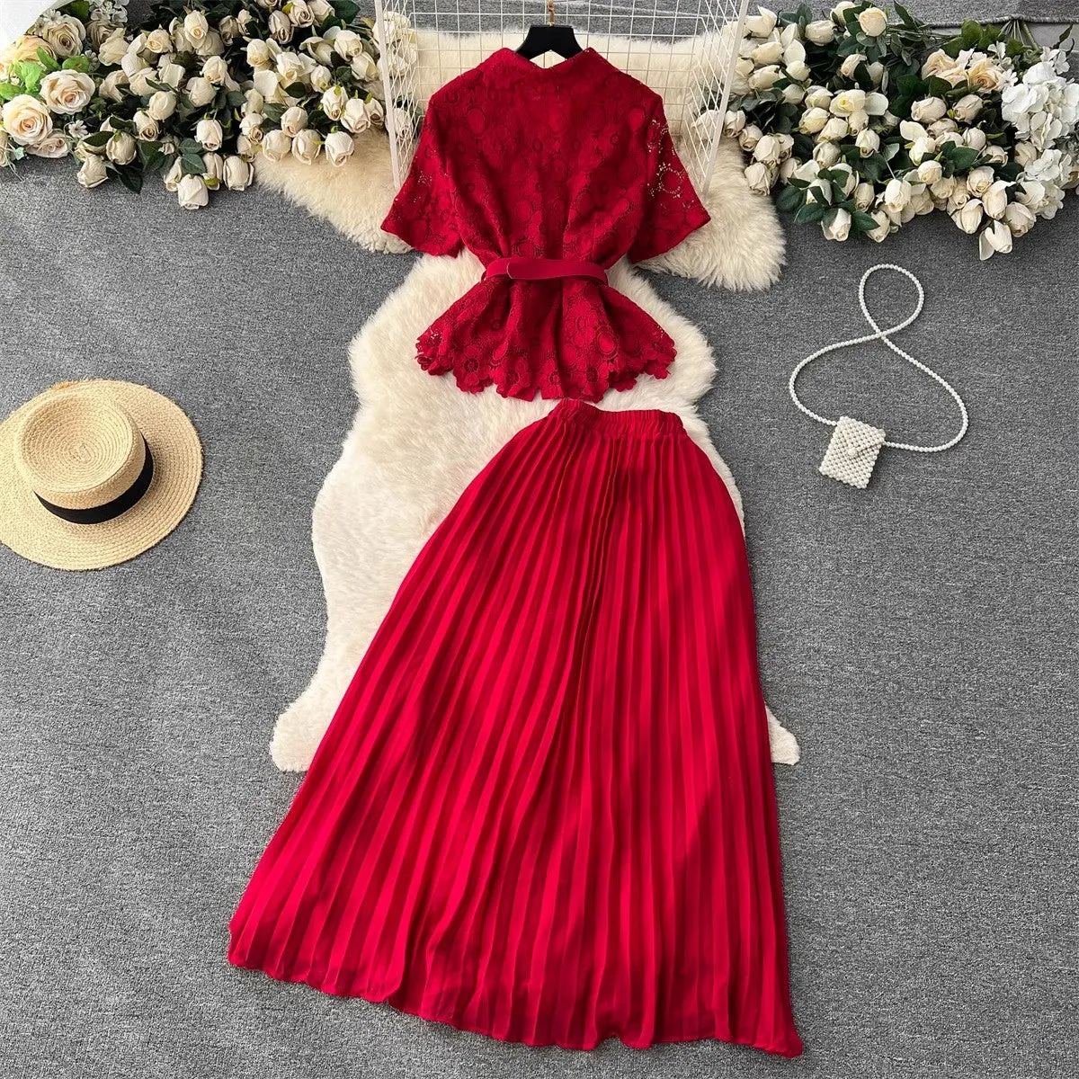 suit for women fashionable short-sleeved pleated skirt two-piece trendy set    S4655