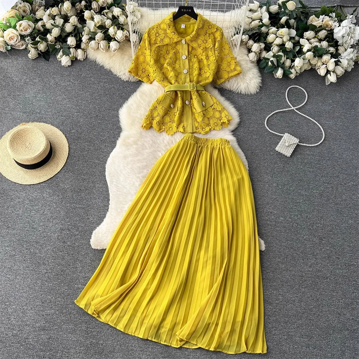 suit for women fashionable short-sleeved pleated skirt two-piece trendy set    S4655