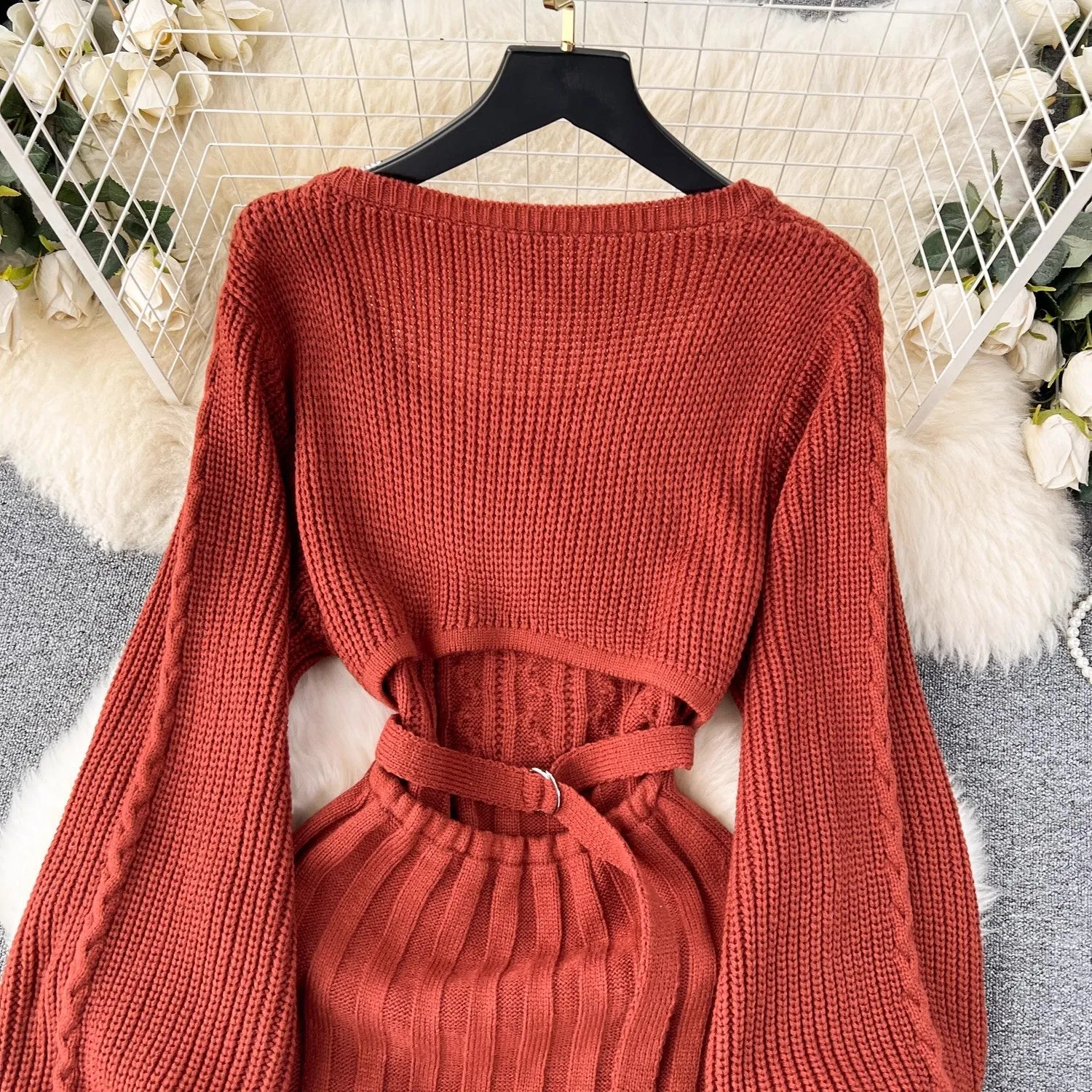 Sweater Dress Women's High-Quality Square Neck Puff Sleeve Knitted Skirt      S4615